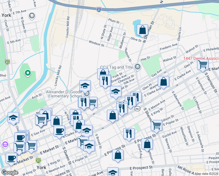 map of restaurants, bars, coffee shops, grocery stores, and more near 27 Granite Avenue in York