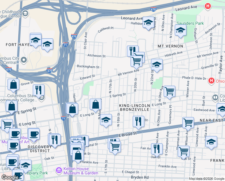 map of restaurants, bars, coffee shops, grocery stores, and more near 260 North 17th Street in Columbus