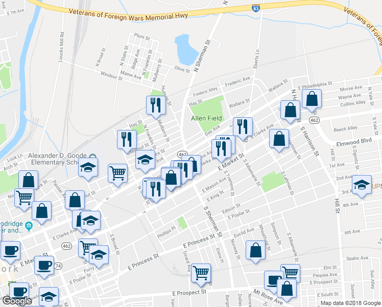 map of restaurants, bars, coffee shops, grocery stores, and more near 806 East Philadelphia Street in York