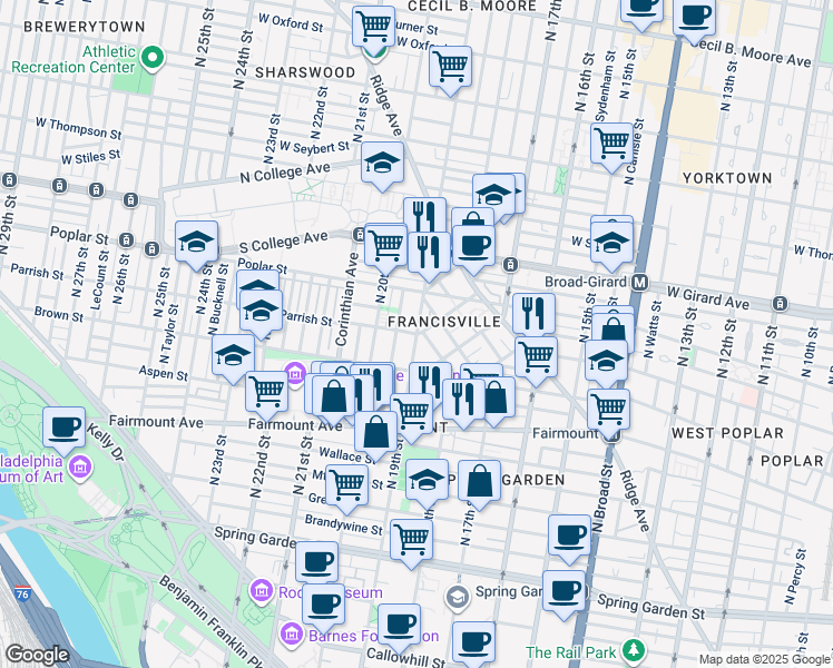 map of restaurants, bars, coffee shops, grocery stores, and more near North 19th Street & Parrish Street in Philadelphia