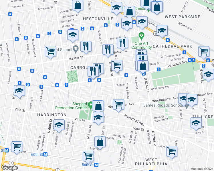 map of restaurants, bars, coffee shops, grocery stores, and more near 5529 Poplar Street in Philadelphia