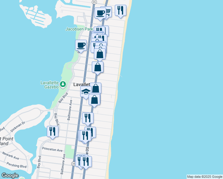 map of restaurants, bars, coffee shops, grocery stores, and more near 9 Camden Avenue in Lavallette