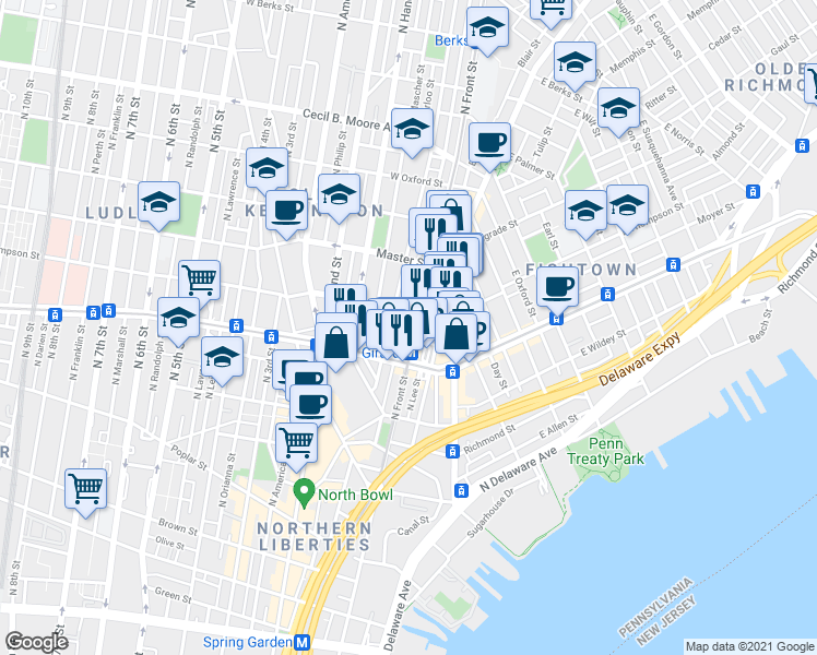 map of restaurants, bars, coffee shops, grocery stores, and more near 1232 North Front Street in Philadelphia