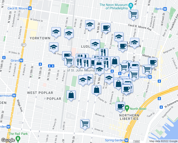 map of restaurants, bars, coffee shops, grocery stores, and more near 1007 North Marshall Street in Philadelphia