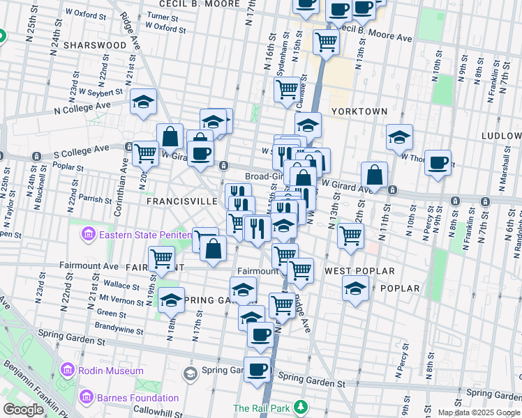 map of restaurants, bars, coffee shops, grocery stores, and more near 1517 Ogden Street in Philadelphia