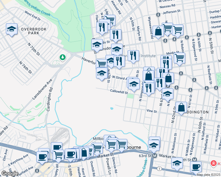 map of restaurants, bars, coffee shops, grocery stores, and more near 6633 Callowhill Street in Philadelphia