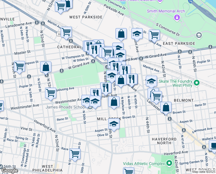 map of restaurants, bars, coffee shops, grocery stores, and more near 941 North 48th Street in Philadelphia