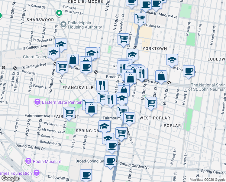 map of restaurants, bars, coffee shops, grocery stores, and more near 1527 Ogden Street in Philadelphia