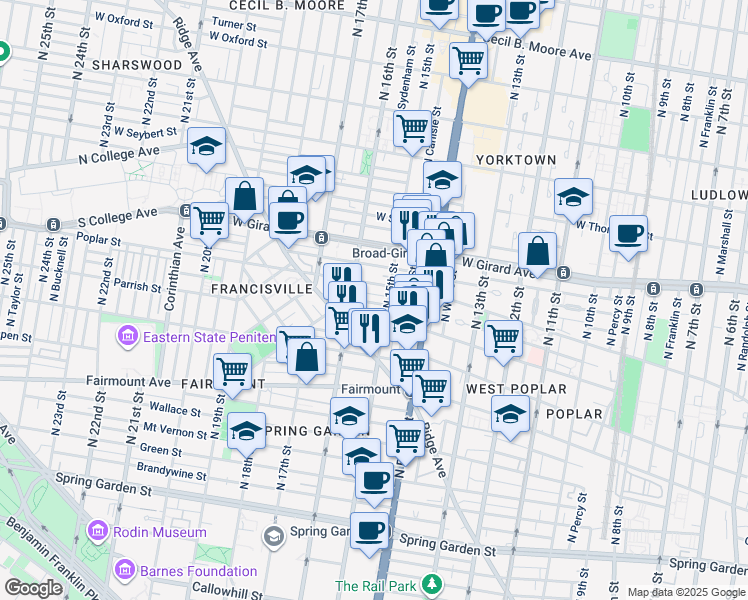 map of restaurants, bars, coffee shops, grocery stores, and more near 1517 Ogden Street in Philadelphia