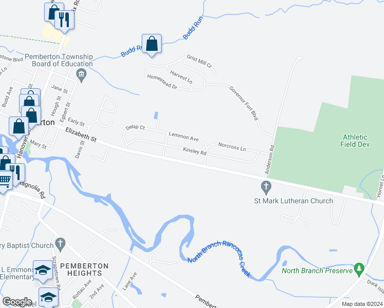 map of restaurants, bars, coffee shops, grocery stores, and more near 161 Kinsley Road in Pemberton