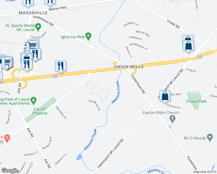 map of restaurants, bars, coffee shops, grocery stores, and more near 1105 Yarmouth Lane in Mount Laurel Township