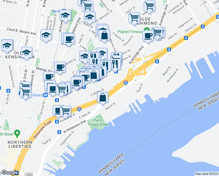map of restaurants, bars, coffee shops, grocery stores, and more near 1116 East Eyre Street in Philadelphia