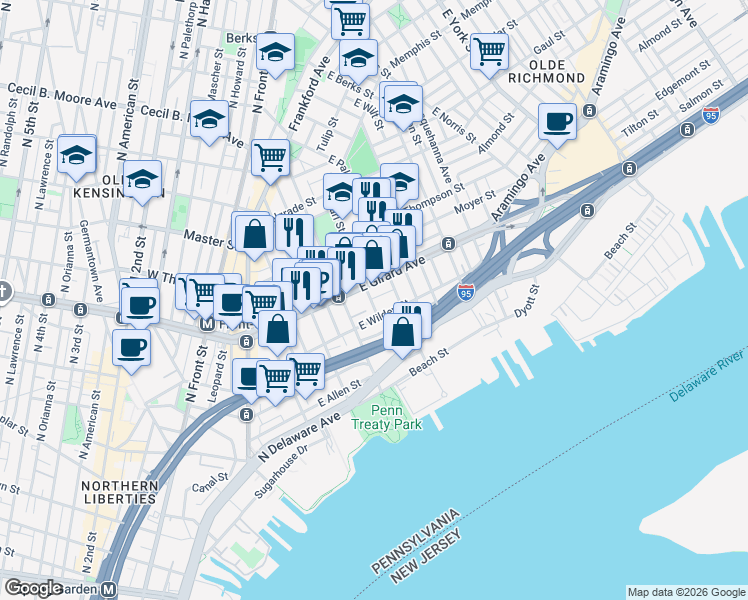 map of restaurants, bars, coffee shops, grocery stores, and more near in Philadelphia
