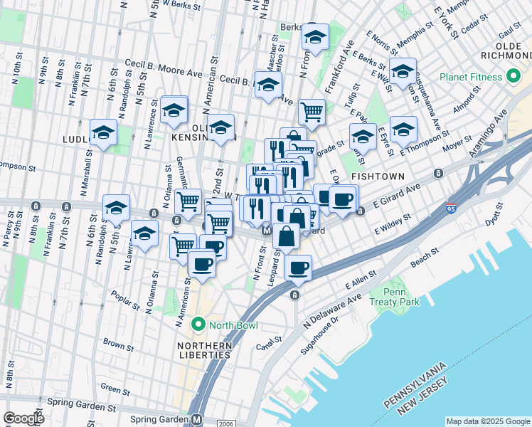 map of restaurants, bars, coffee shops, grocery stores, and more near 1232 North Front Street in Philadelphia