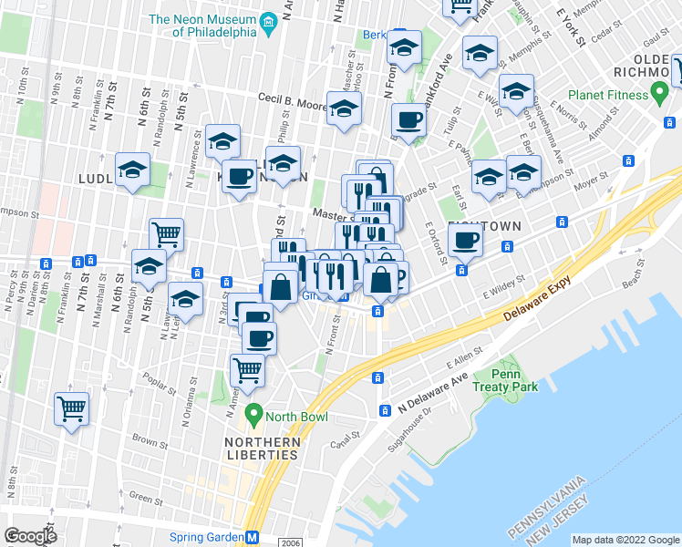 map of restaurants, bars, coffee shops, grocery stores, and more near 1257 North Howard Street in Philadelphia