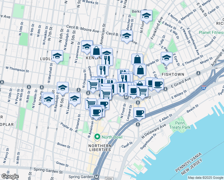 map of restaurants, bars, coffee shops, grocery stores, and more near 1247 North Hancock Street in Philadelphia