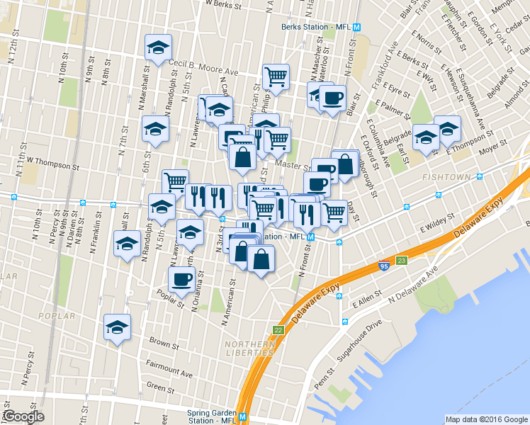 map of restaurants, bars, coffee shops, grocery stores, and more near 1220 North 2nd Street in Philadelphia