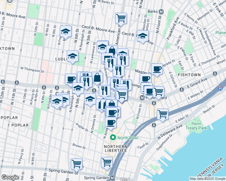 map of restaurants, bars, coffee shops, grocery stores, and more near in Philadelphia