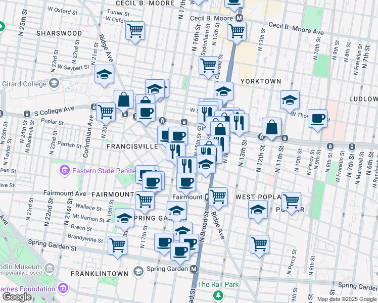 map of restaurants, bars, coffee shops, grocery stores, and more near 1515 Poplar Street in Philadelphia