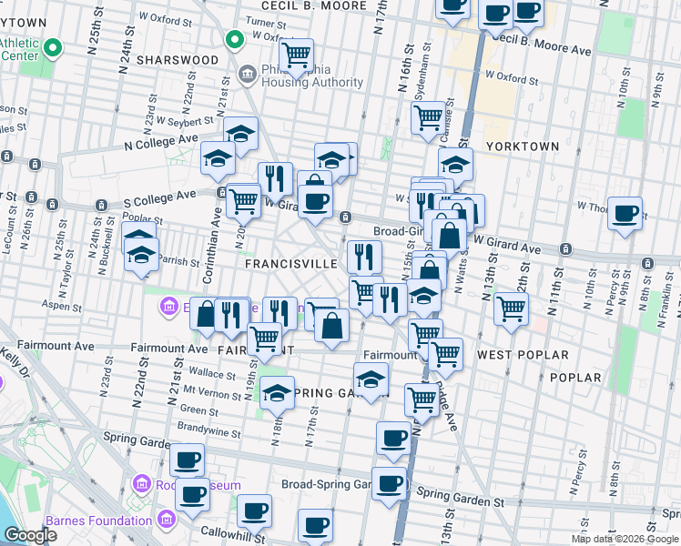 map of restaurants, bars, coffee shops, grocery stores, and more near 1700 Ridge Avenue in Philadelphia