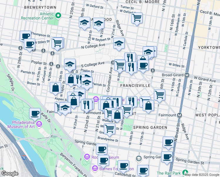 map of restaurants, bars, coffee shops, grocery stores, and more near 850 Corinthian Avenue in Philadelphia