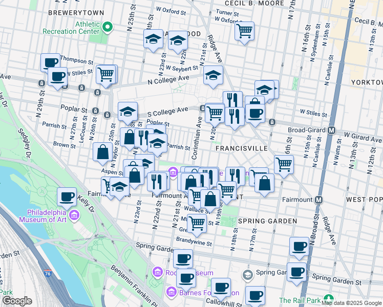 map of restaurants, bars, coffee shops, grocery stores, and more near 850 Corinthian Avenue in Philadelphia