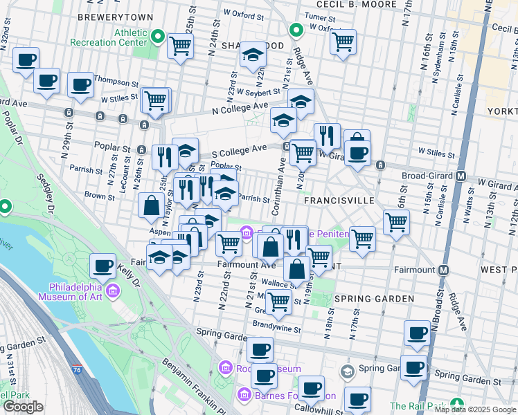 map of restaurants, bars, coffee shops, grocery stores, and more near 846 North 21st Street in Philadelphia