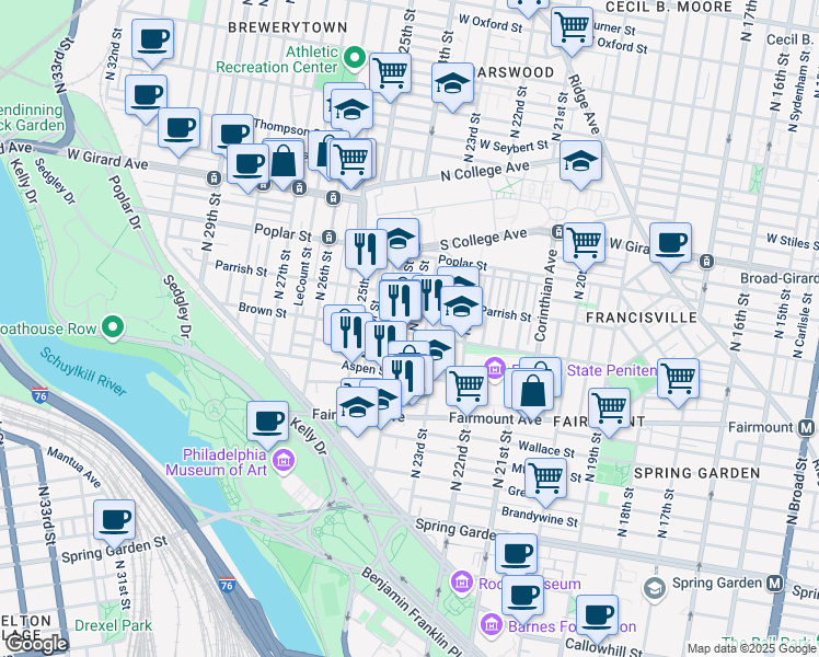 map of restaurants, bars, coffee shops, grocery stores, and more near 822 North Judson Street in Philadelphia