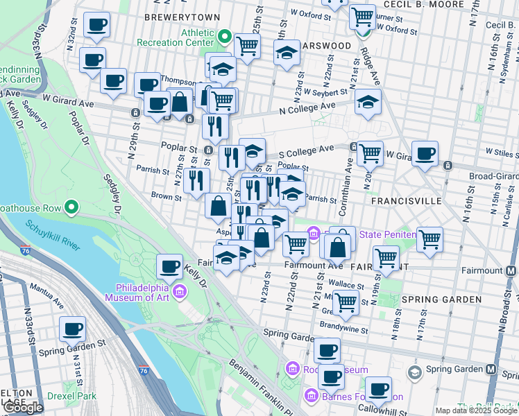 map of restaurants, bars, coffee shops, grocery stores, and more near 822 North Judson Street in Philadelphia
