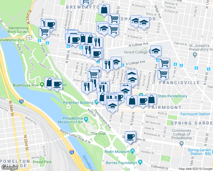 map of restaurants, bars, coffee shops, grocery stores, and more near 811 North Stillman Street in Philadelphia
