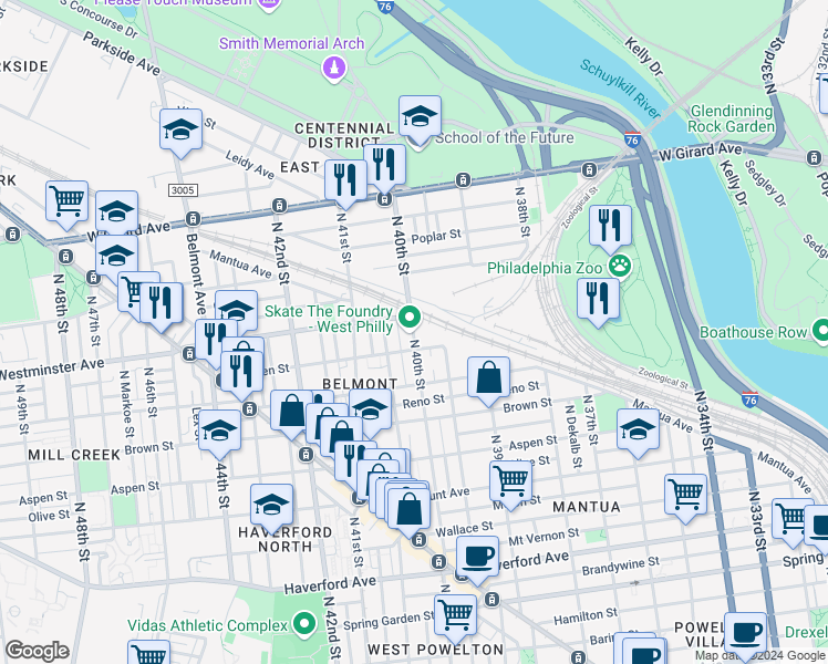 map of restaurants, bars, coffee shops, grocery stores, and more near 894 North 40th Street in Philadelphia