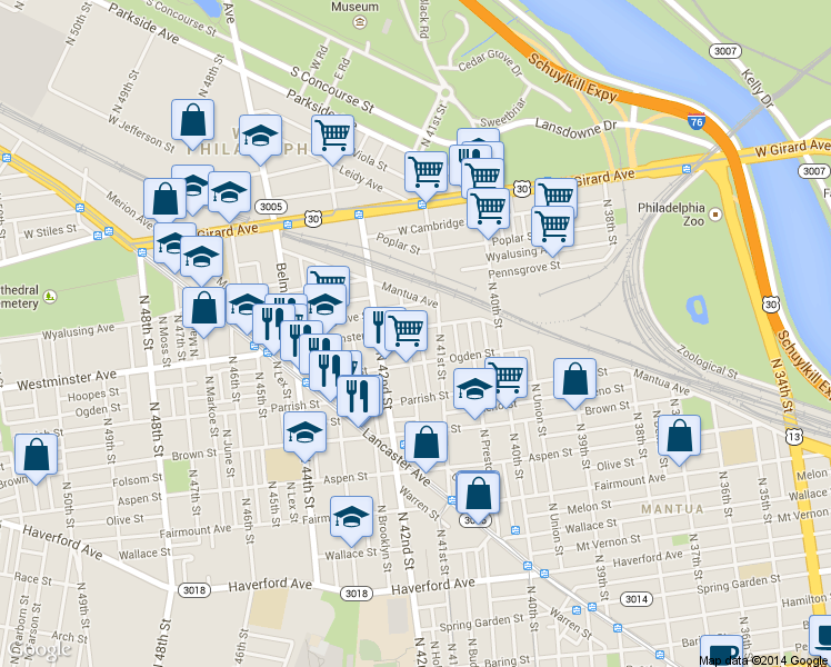 map of restaurants, bars, coffee shops, grocery stores, and more near 4137 Westminster Avenue in Philadelphia
