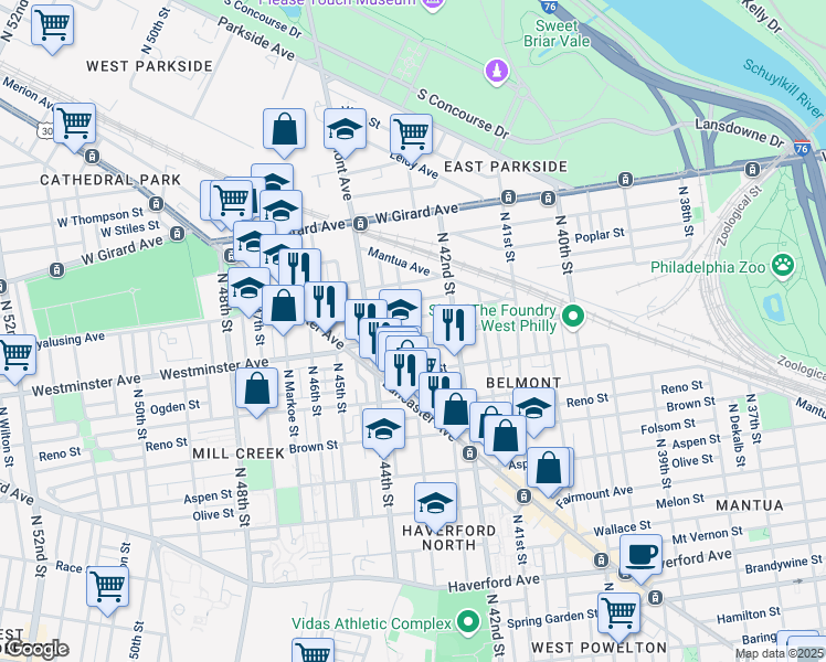map of restaurants, bars, coffee shops, grocery stores, and more near 921 North 43rd Street in Philadelphia