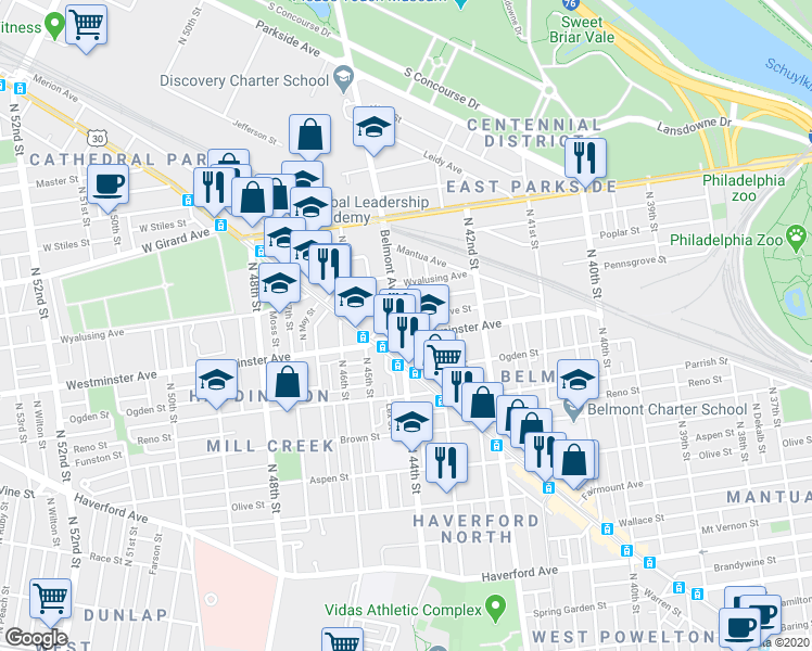 map of restaurants, bars, coffee shops, grocery stores, and more near 929 Belmont Avenue in Philadelphia