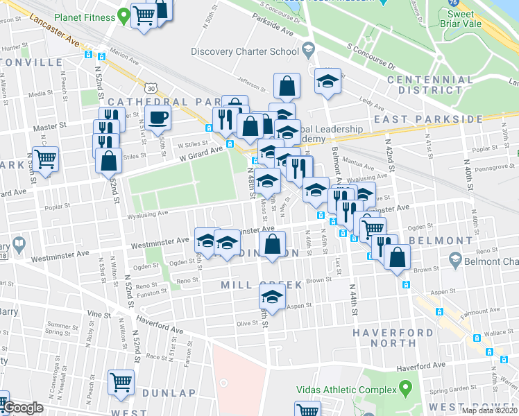 map of restaurants, bars, coffee shops, grocery stores, and more near 1008 North 48th Street in Philadelphia