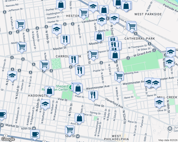 map of restaurants, bars, coffee shops, grocery stores, and more near 5508 West Girard Avenue in Philadelphia