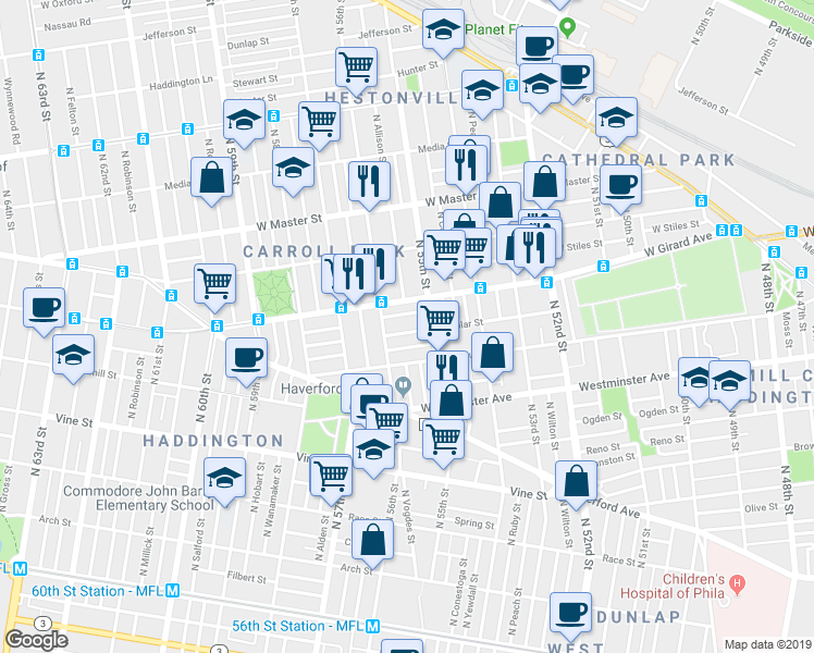 map of restaurants, bars, coffee shops, grocery stores, and more near 5508 West Girard Avenue in Philadelphia