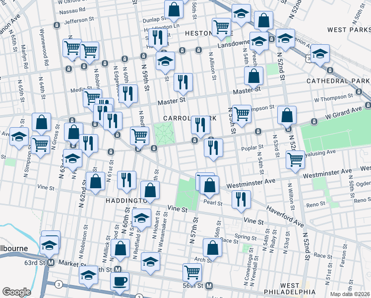 map of restaurants, bars, coffee shops, grocery stores, and more near 1201 North 58th Street in Philadelphia