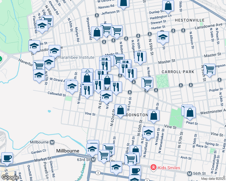 map of restaurants, bars, coffee shops, grocery stores, and more near 6216 West Girard Avenue in Philadelphia