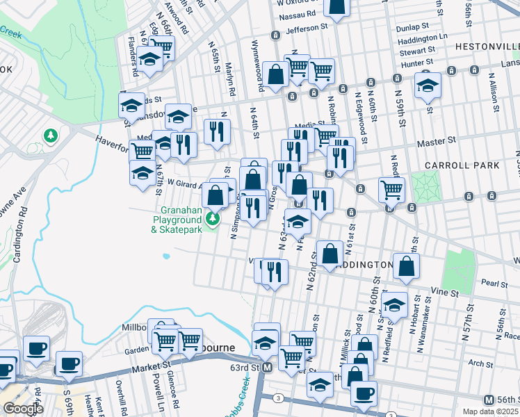 map of restaurants, bars, coffee shops, grocery stores, and more near 436 North 64th Street in Philadelphia