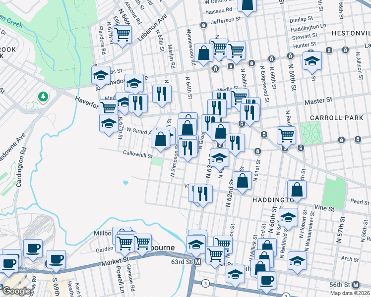 map of restaurants, bars, coffee shops, grocery stores, and more near 436 North 64th Street in Philadelphia