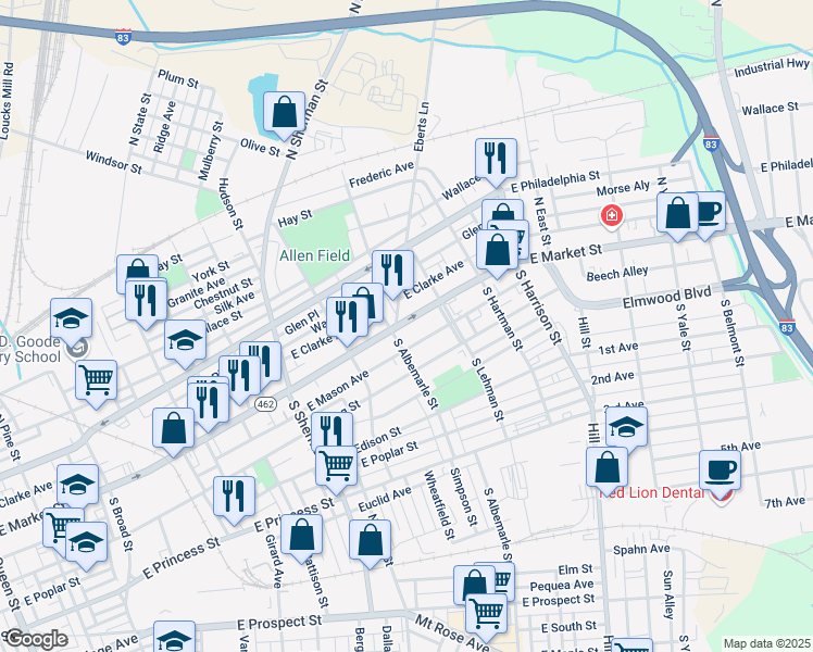 map of restaurants, bars, coffee shops, grocery stores, and more near 1033 East Market Street in York