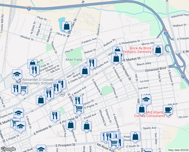 map of restaurants, bars, coffee shops, grocery stores, and more near 1033 East Market Street in York