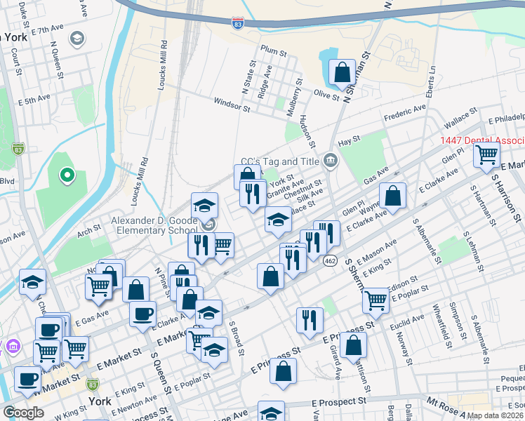map of restaurants, bars, coffee shops, grocery stores, and more near 27 Granite Avenue in York