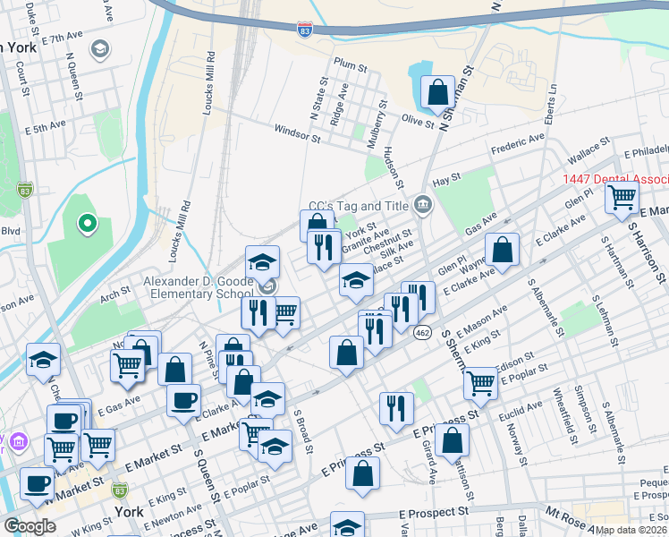 map of restaurants, bars, coffee shops, grocery stores, and more near 27 Granite Avenue in York