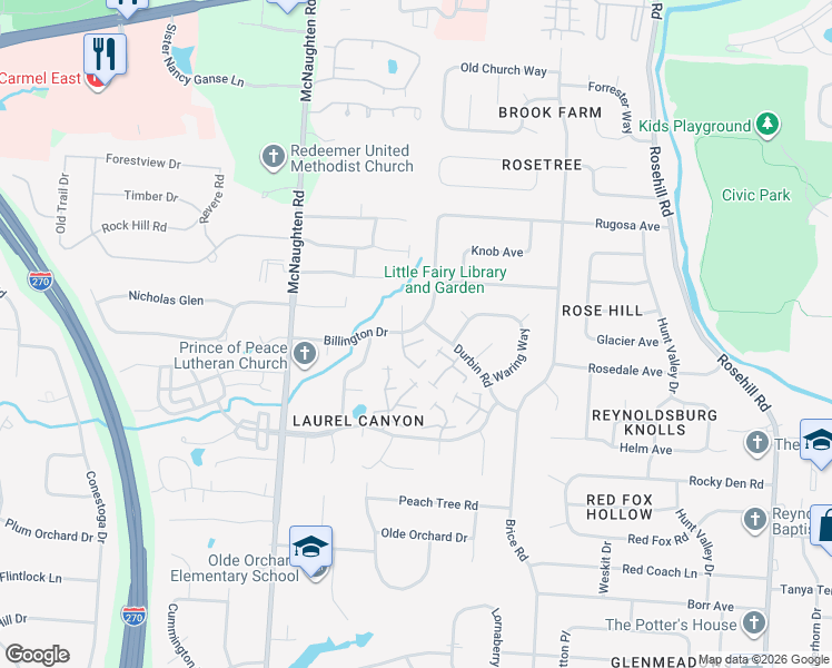 map of restaurants, bars, coffee shops, grocery stores, and more near 6311 Hilltop Avenue in Reynoldsburg
