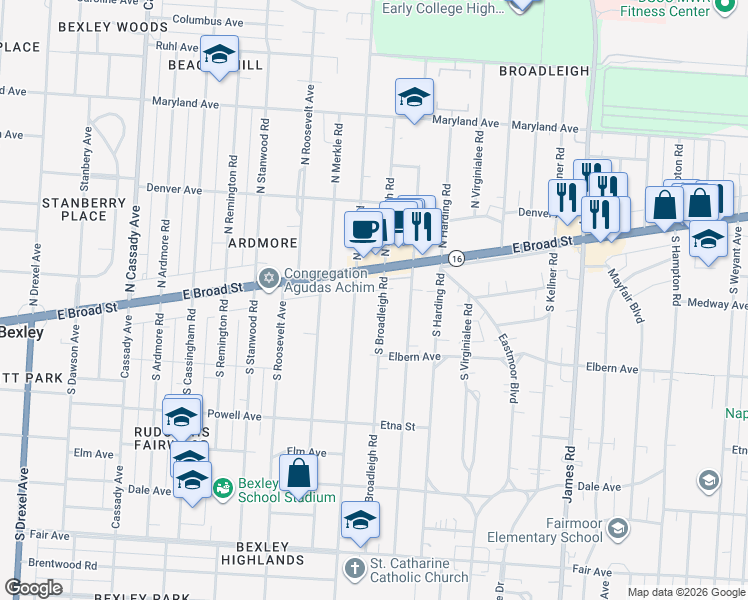 map of restaurants, bars, coffee shops, grocery stores, and more near 2929 East Broad Street in Columbus