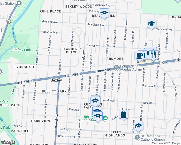 map of restaurants, bars, coffee shops, grocery stores, and more near 2568 East Broad Street in Columbus