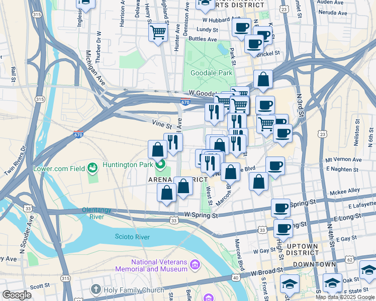 map of restaurants, bars, coffee shops, grocery stores, and more near 195 Vine Street in Columbus