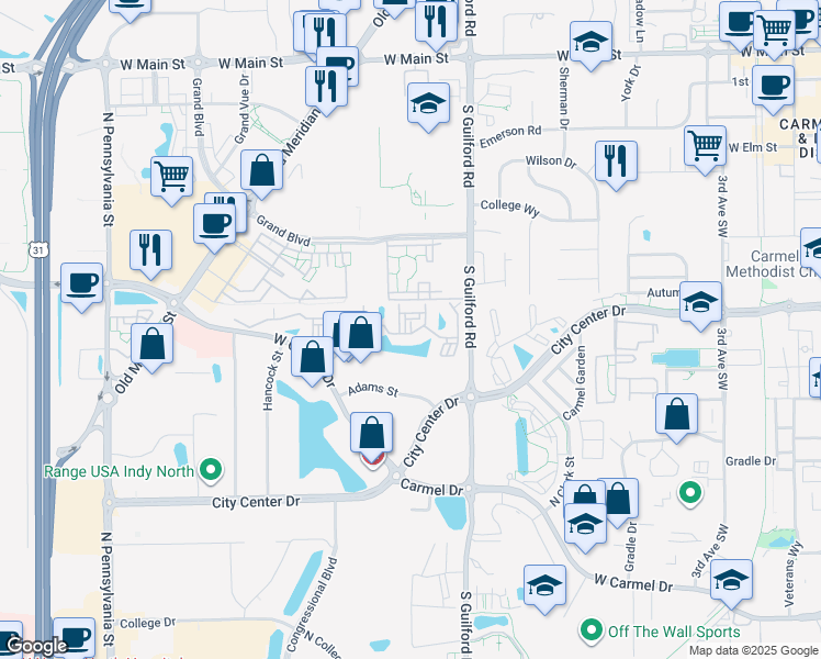 map of restaurants, bars, coffee shops, grocery stores, and more near 240 Arbor Drive in Carmel